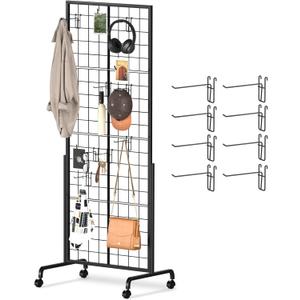 Urban Deco Gridwall Panel Display Stand - Craft Show Display Rack with Extra 8 Hooks, 2' x 5.5' Ft Black Metal Grids Standing Wire Rack for Retail Art Fair - 1 Set
