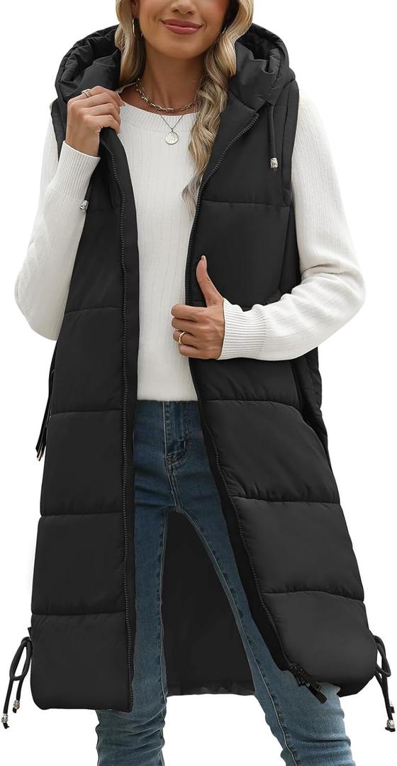 HEEKPEK Women Long Hooded Puffer Vest Winter Warm Quilted Sleeveless Down Jacket Casual Trendy Full-Zip Outerwear Drawstrings (Small, Black)