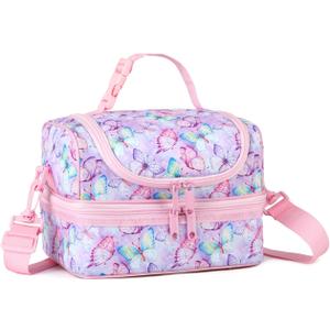 VASCHY Lunch Box Bag Kids, Insulated Two Compartments Bento Cooler Bags for Girls w Shoulder Strap for School,Daycare,Kindergarten,Picnic Pink Butterfly