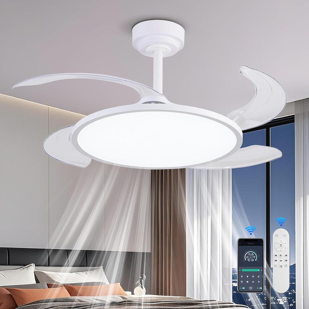AHAWILL Retractable Ceiling Fan with Lights and Remote,42'' Fandelier Ceiling Fan with Dimmable Full Spectrum,Timer Setting,Silent DC Motor,Modern Bladeless Fan for Bedroom Dining Room,White