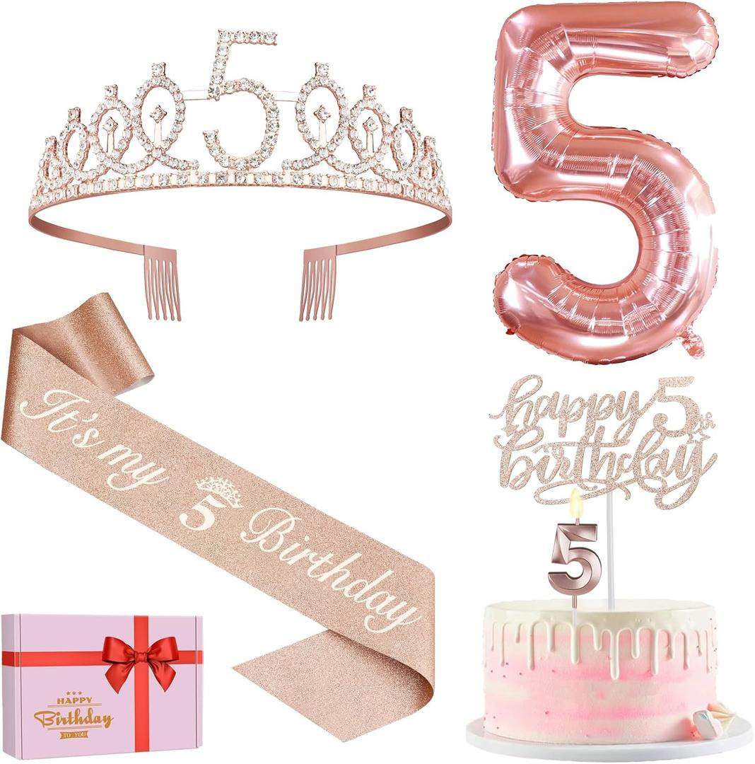 5th Birthday Decorations for Girls, Including 5th Birthday Sash and Tiara, Cake Topper and Candle, Number Balloon, 5 Year Old Girl Gifts