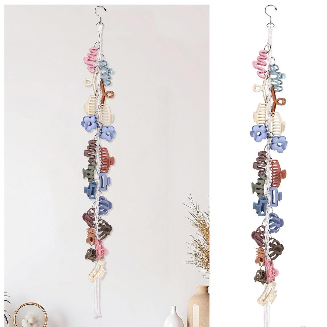 SNOWSTAR Macrame Hair Claw Clip Organizer with Rotating Hook and 20 Metal Rings,Hanging Hair Clip Holder and Storage for Women Girls,Claw Clips Hanger Home Decor for Wall,Door,Closet