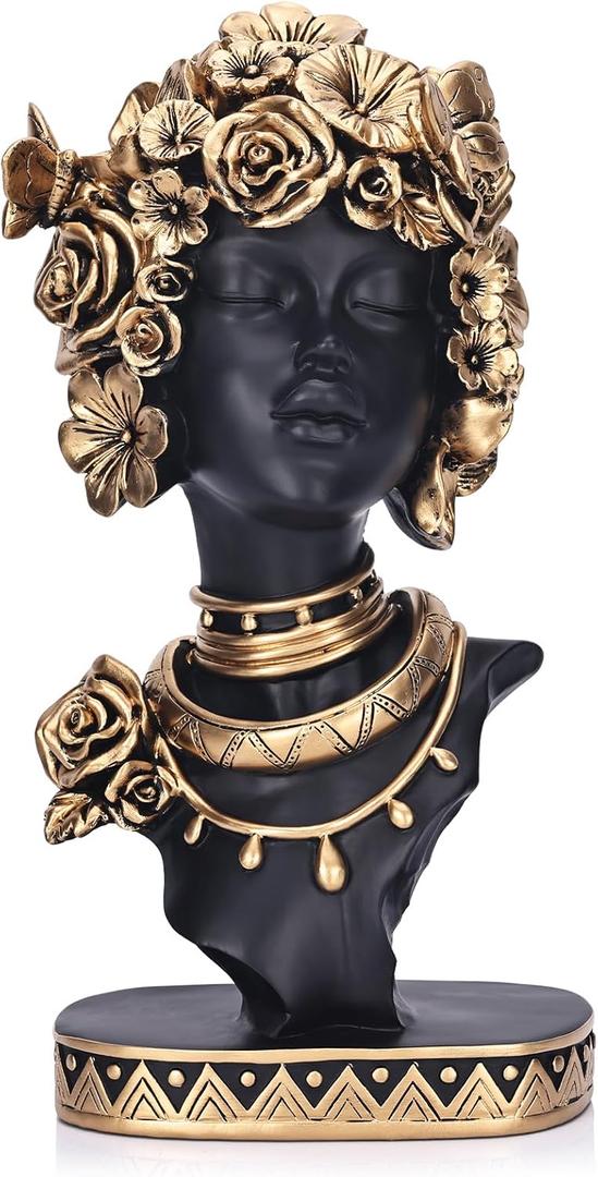 African American Woman Bust Statue, Vintage African Figurines and Sculptures, Elegant Art Decor for Home and Office, Ornamental Accent for Living Room, Bookshelf  Perfect Housewarming Gift (Rose)