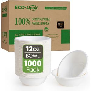 1000 Pack 12 oz Paper Bowls Disposable, Compostable Bowls, White | Heavy-Duty, Biodegradable Bowls, Made of Natural Sugarcane Bagasse, Suitable for Salad, Dessert, Milk, Cereals