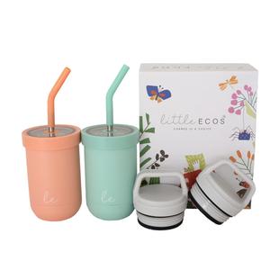 Double walled Insulated Smoothie cups for kids | Toddler Cups with Straws | Set of 2 Straw Sippy Cup | Stainless steel baby cup with Thermos Lid for Hot Storage | Kids Straw Cups (Teal Ocean + Papaya)