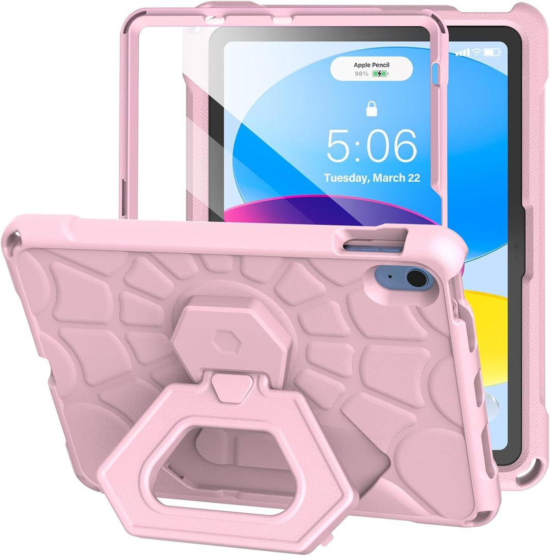 Case for iPad 11th Generation (A16 11-Inch 2025)/ iPad 10th Gen (10.9" 2022)- Durable Shockproof Lightweight EVA Kids Case with Screen Protector & 360 Rotating Hand Strap/Stand (Light Pink)