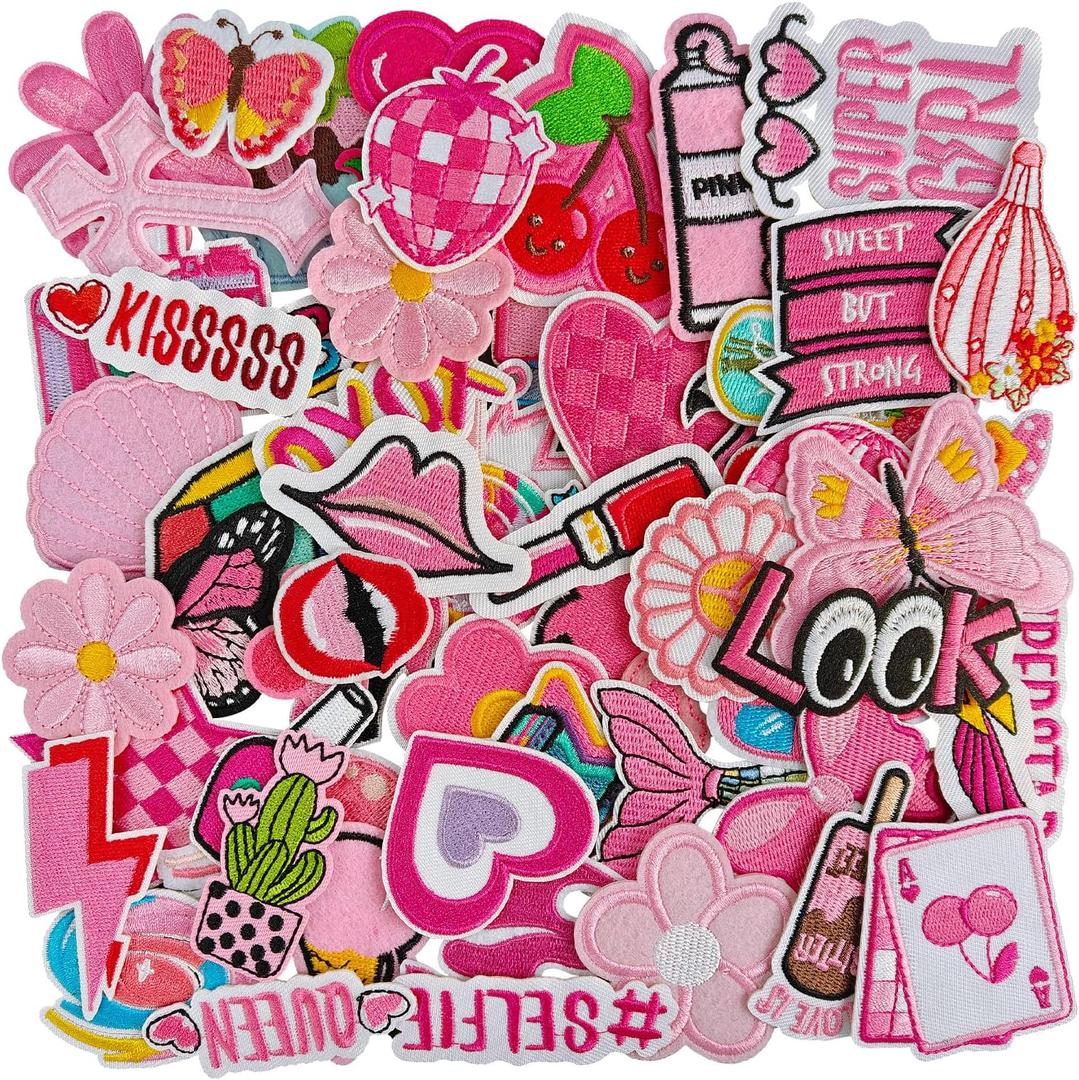 60Pcs Iron on Patches for Girls, Random Pink Assorted Cute Appliques for Clothes, DIY Accessories, Dresses, Hats, Socks, Jeans (Sew On)