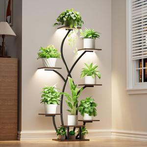 Plant Stand Indoor with Grow Light, 55'' Corner Plant Stands for Indoor Plants, 7 Tiered Indoor Plant Shelf, Flower-Shaped Plant Rack, Metal Display Shelves for Living Room Patio Balcony Decor Black