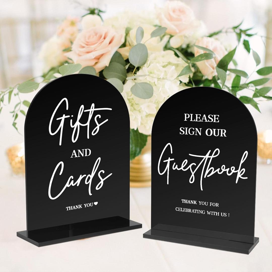 KOSKIMER 2 Pcs Black Acrylic Modern Wedding Signs, 5x7 Inch Ceremony & Reception Signs with Holder (Set of 2)