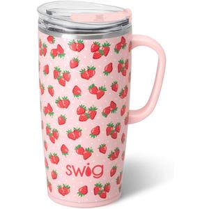 Swig Life 22oz Travel Mug, Insulated Tumbler with Handle and Lid, Travel Coffee Mug, Cup Holder Friendly, Stainless Steel 22 oz Tumbler, Reusable Insulated with Lid (Strawberry Shortcake)