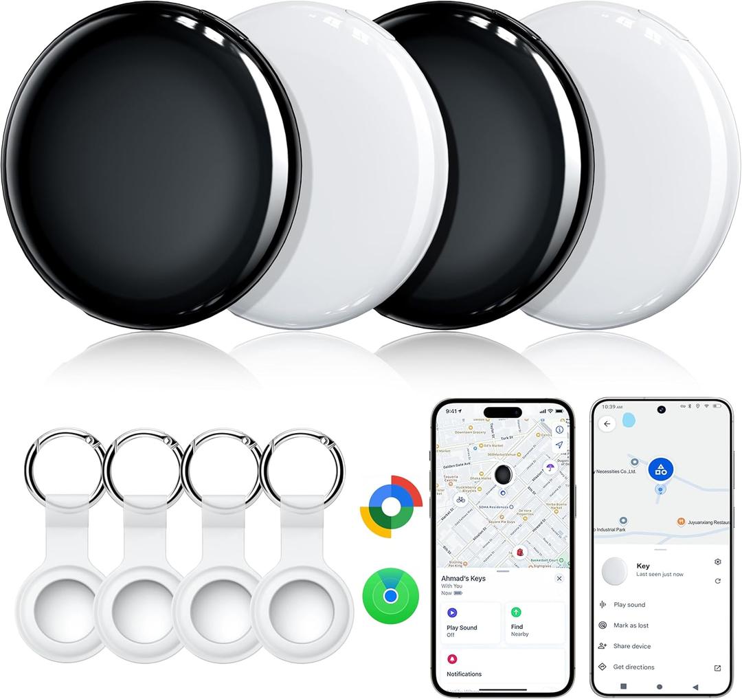 Air Tracker Tags-4 Pack, Dual System Smart Tag Compatible with Apple Find My & Google's Find Hub, Ultra-Light iOS & Android Bluetooth Tracking Key Finder Item Locator for Wallets, Luggage, Backpack (Black/White)
