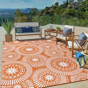 Ileading Large Plastic Outdoor Rug 8x10ft Modern Geometric Style Reversible Patio Area Rugs Waterproof Non Shedding Portable Carpets for Rv Outside Deck Pool Beach Picnic Camping (Orange)