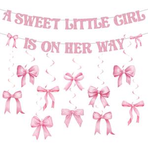 Pasimy Pink Baby Shower Decorations a Sweet Little Girl Is on Her Way Banner Pink Bow Swirls Coquette Baby Shower Decor for Birthday Gender Reveal Photo Props Sign Party Supplies