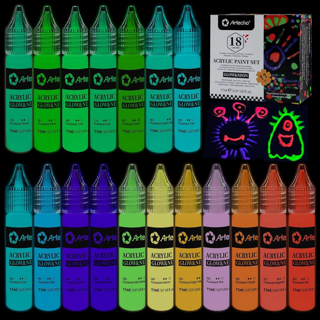 Artecho Glow in the Dark Paint 18 Colors, 11 ml / 0.37 oz Acrylic Paint for Decoration, Supplies for Canvas, Rock, Wood