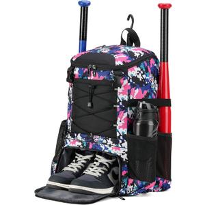 Softball Bag, Baseball Equipment Backpack for Youth Girls Adult, Lightweight With Shoe Compartment, Fence Hook for TBall, Bat, Helmet (PinkCamouflage)