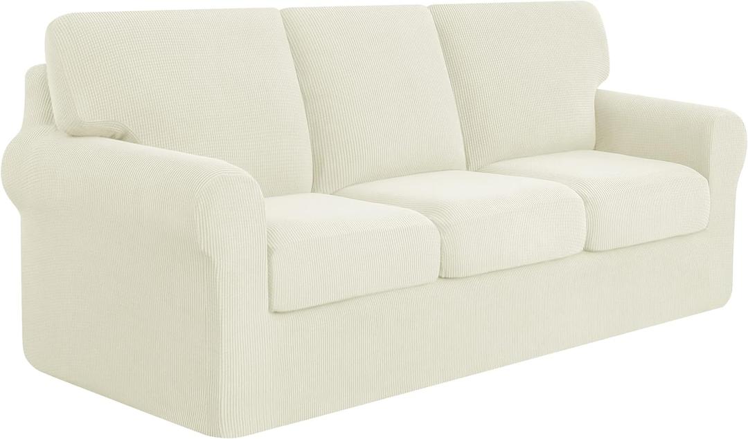 subrtex Slipcover Sets for Sofa, 7 Pieces Stretch Furniture Cover, Wear Resistant, Washable, Checkered Pattern, Ivory (Large)
