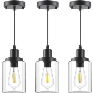 Industrial Pendant Lights, Modern Clear Glass Shade Pendant Lighting, Black Pendant Light Fixtures Ceiling Light, Farmhouse Pendant Lighting for Kitchen Island Hallway Porch Corridor Bedroom, 3-Pack