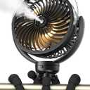 Misting Stroller Fan, 6000mAh Battery Operated Portable Fan with Light & 360 Pivoting, Personal Fans with Flexible Tripod for Baby, Office, Travel,Treadmill,Outdoors (Black)