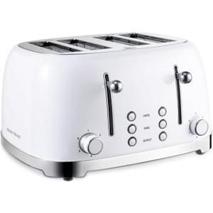 Roter Mond 4 Slice Toaster Retro Stainless Steel with Bagel Defrost Cancel Function, 6 Browning Settings, Extre Wide Slot and Removable Crumb Tray, White, ST033