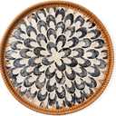 Round Rattan Tray with Mother of Pearl Inlay, Decorative Wicker Serving Tray with Wooden Base, Woven Basket Trays for Bread Fruits Coffee, Plume