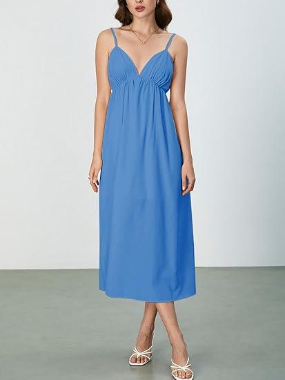 SOLY HUX Women's Summer Dress Backless V Neck Spaghetti Strap Loose Flowy Midi Cami Dresses (Medium)