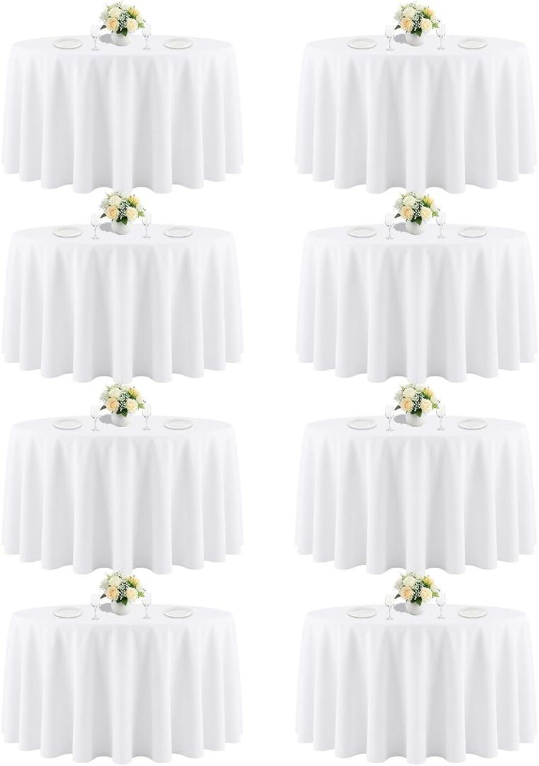 120 Inch White Round Tablecloth For 48"-96" Table, 8 Pack