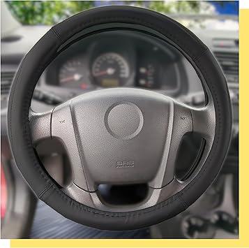Steering Wheel Cover, Black, Real Genuine Leather, 15 inch, for Men and Women, Universal, Stretch On, Heat Resistant, Stays Cool, Non-Slip,
