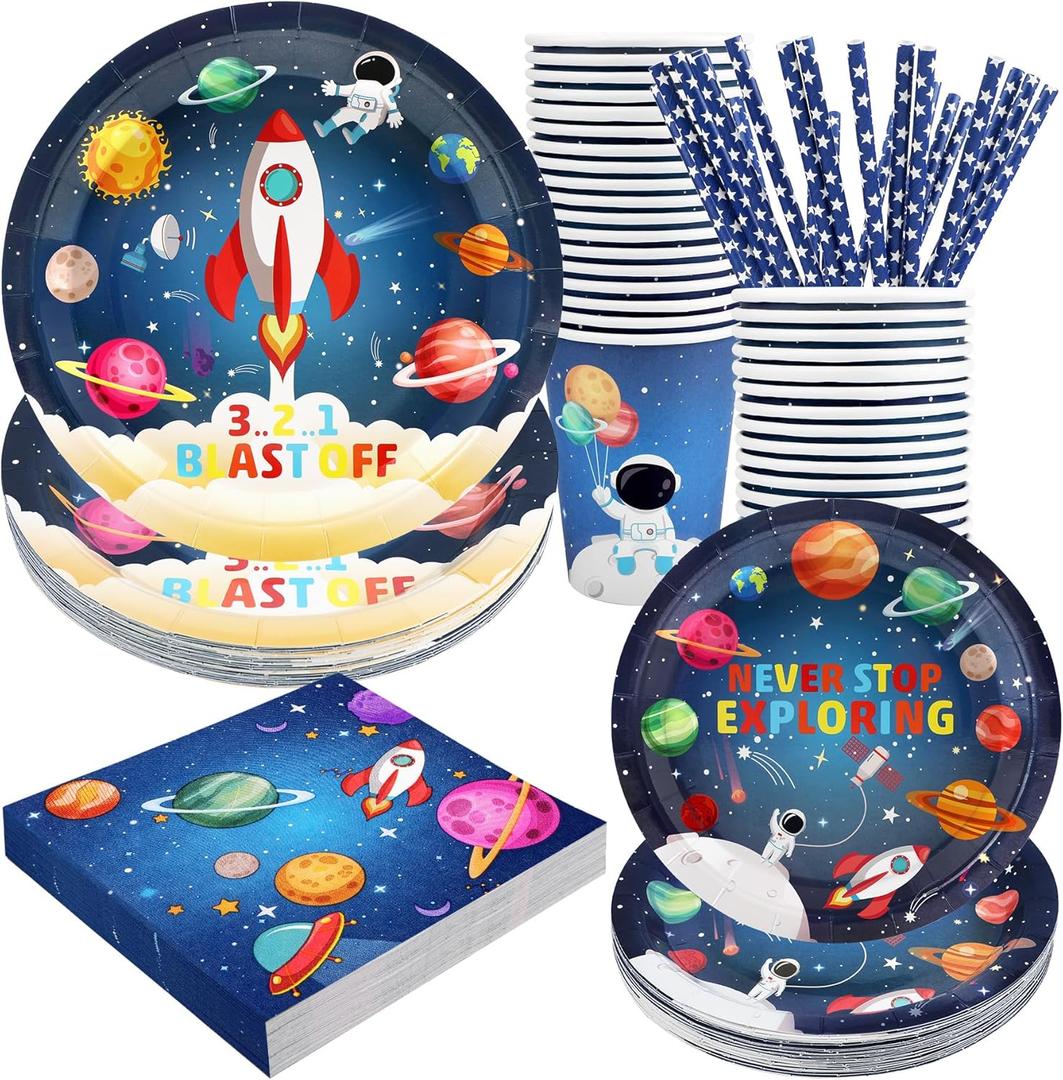 Space Birthday Party Supplies Decorations, Outer Space Theme Paper Plates and Napkins Set for 24 Guests, 120 Pcs Disposable Galaxy Party Dessert Dinnerware (Rocket)