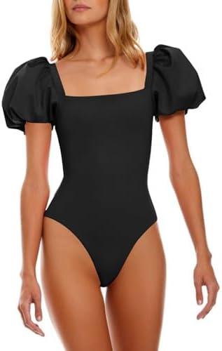 Saodimallsu Womens One Piece Swimsuit Short Puff Sleeve Square Neck Sexy Backless Tummy Control Bathing Suit Medium