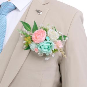 TINGE TIME Luxury Groom Boutonniere for Wedding, 1 PCS Pocket Boutonniere for Men, Artificial Corsage for Wedding, Prom, Homecoming, Anniversary, Graduation, Christmas Dinner (MintGreen&Pink)