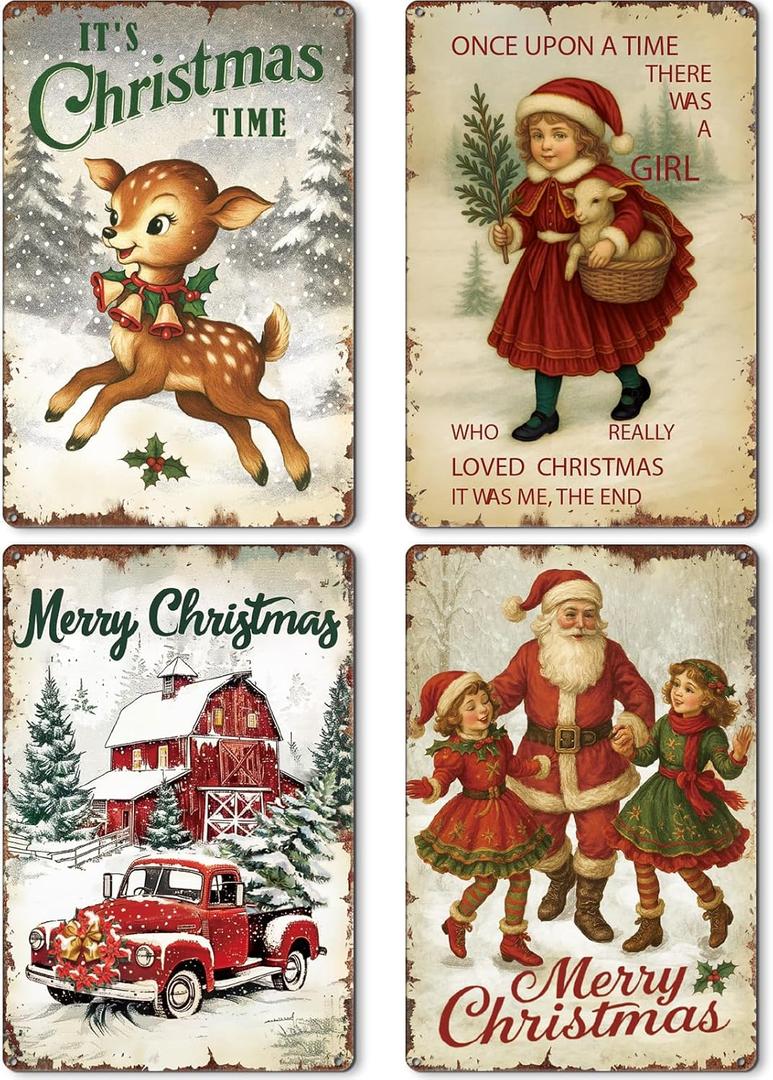 4 Pcs Vintage Christmas Wall Sign Metal Red Truck Little Girl Plaque Sign Decorations Santa Claus Elk Wall Art for Home Coffee Shop Retro Christmas Decor, 8 x 12 Inch