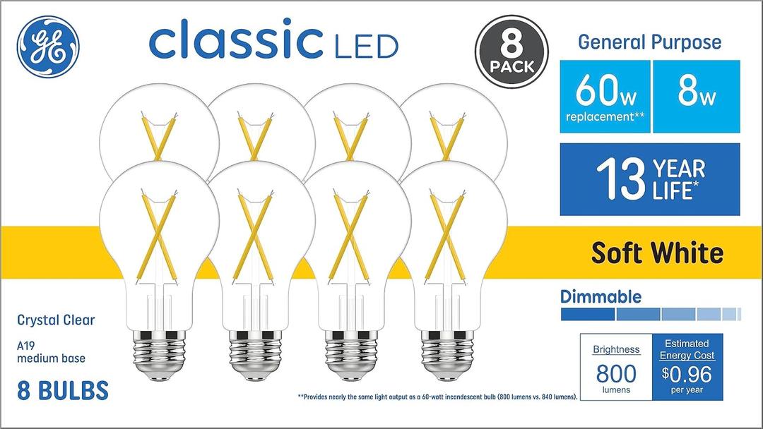 GE 60 Watt EQ A19 Classic Crystal Clear Soft White Medium Base (e-26) Dimmable LED Light Bulb 8-Pack