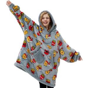 Giggling Getup Wearable Blanket Hoodie for Adults Gifts for Teen Girls Sister Women Sherpa Fleece Printed Hooded Blanket Sweatshirt Warm Cozy with Pocket & Sleeves Grey Chicken Nuggets Fries