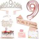 9th Birthday Decorations for Girls, Including 9 year old Birthday Cake Topper, Queen Sash with Pearl Pin, Sweet Rhinestone Tiara Crown, Number Candles and Balloons Set, Rose Gold