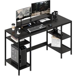 55 inch Black Computer Desk Gaming Desk with Monitor Stand, Home Office Desk for 2 Monitors, Writing Desk with Adjustable Storage Space,Sturdy and Durable Modern Small Desk