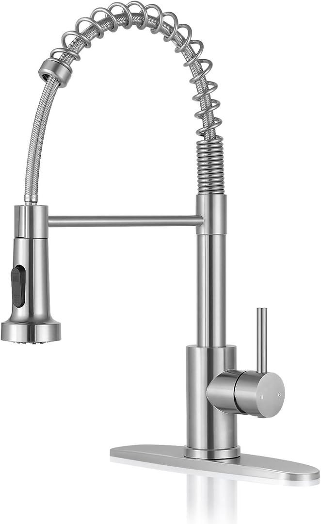 DJS Kitchen Faucets with Pull Down Sprayer Brushed Nickel High Arc Single Handle 1 or 3 Holes Spring Kitchen Sink Faucet with Deck Plate for Farmhouse RV Vessel Basin