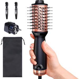 Small Dual Voltage Hair Dryer Brush (110-220V), Compact Light-Weight European Travel Blow Dryer Brush for Volume, Smoothness & Curls On The Go, One Step Travel Hair Tools, Incl. Pouch & EU Plug (Dark Black)