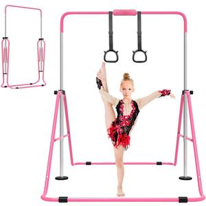 ZUETK Expandable Gymnastics Bar for Kids, Adjustable Height Junior Training Kip Bar, Folding Gymnastic Horizontal Bars Monkey Bar, Home Gym Equipment for Kid Gymnasts, Child, Girl, Boy (Pink)