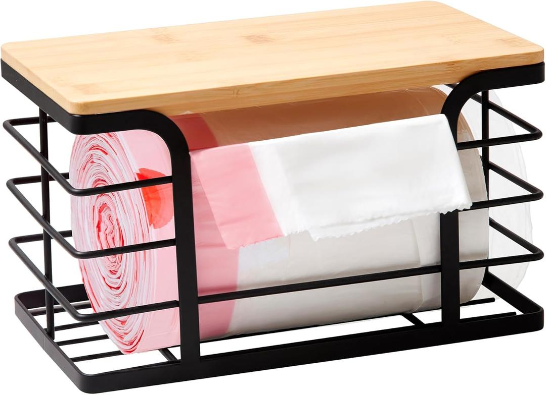 Small Trash Bag Holder,Wall Mount Grocery Bag Holder with Bamboo Top,Suitable for Garbage Bags of 100 Rolls under 13 Gallons,Black