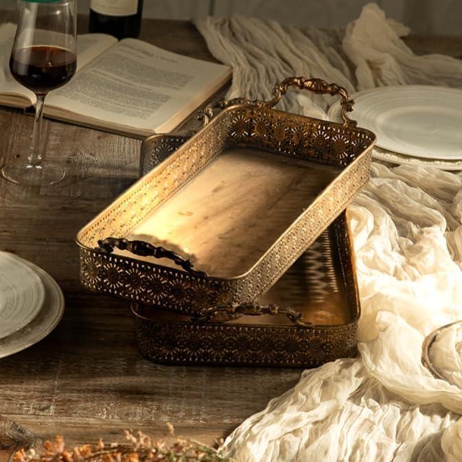 Vintage Gold Serving Tray Set with Handles, Decorative Ottoman & Coffee Table Tray for Living Room, Vanity or Bathroom, 2-Piece Antique Style Nesting Metal Trays with Hollow Carved Edge
