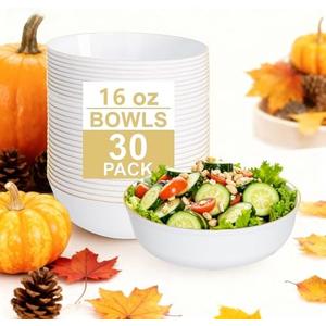 I00000 60 Pack White Plastic Bowls with Gold Rim,16 oz Disposable Soup Bowls,Premium Heavy Plastic Serving Bowls Ideal for Thanksgiving Party