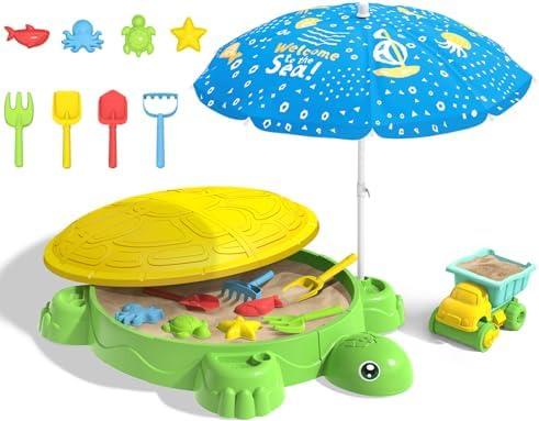 Turtle Sandbox with Lid & Adjustable Umbrella, Sand Pit with Dump Truck, 8PCS Beach Toys Set for Toddler 3-5, Outdoor Indoor Play Sand Activity Sensory Playset Summer Backyard Gift for Boys Girls