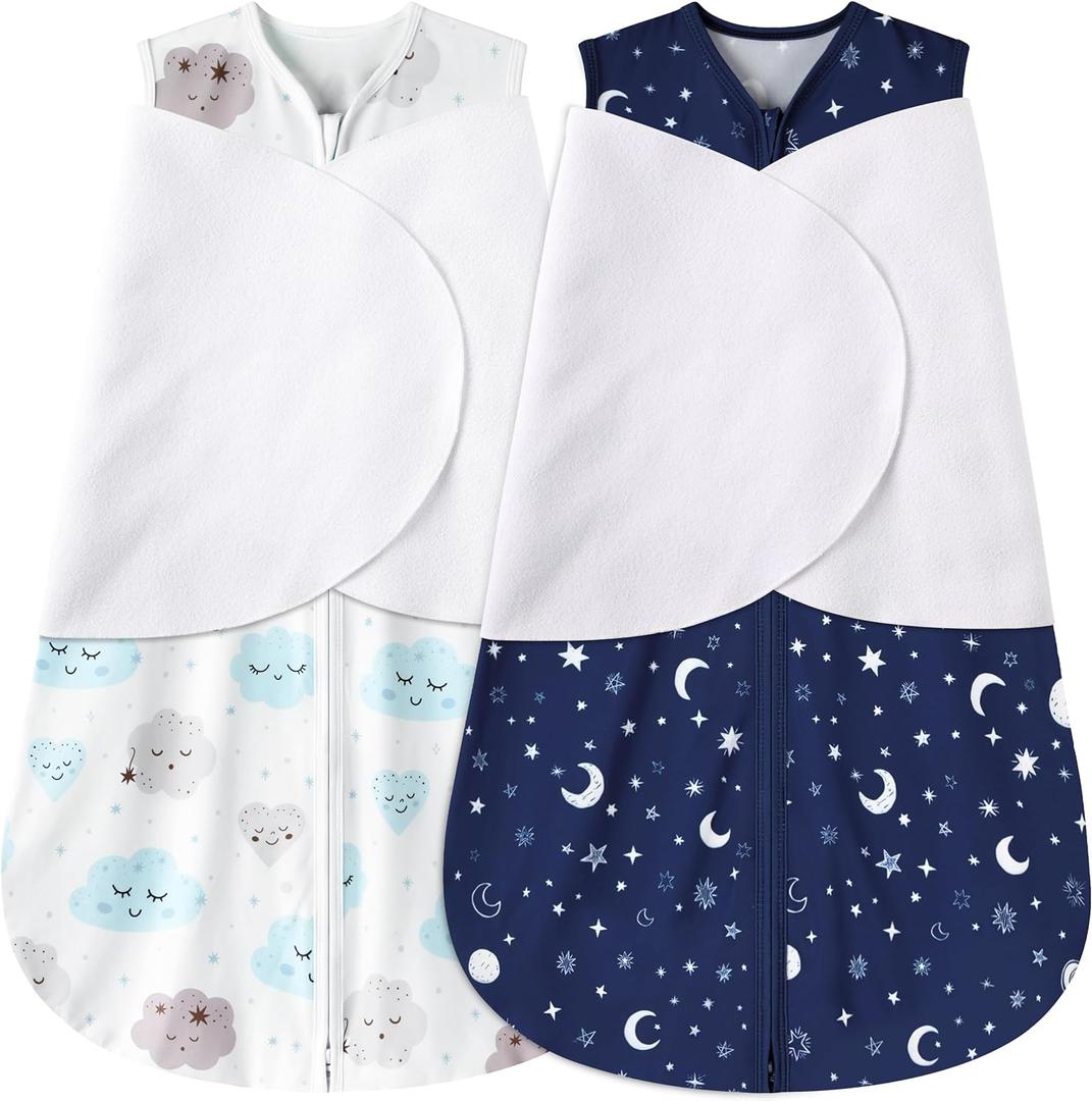 BSTOPPT Newborn Sleep Sack Baby Swaddle, 3-6 Months, 3-Way Adjustable Wearable Blanket, 100% Rayon Cotton Swaddling Sleeping Bag, TOG 0.5 (Clouds & Starry Sky）