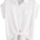 Milumia Women Casual Short Sleeve Button Down Collar Shirt Blouse Front Tie Knot Tops (Medium)