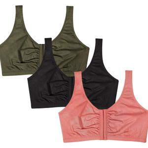 Fruit of the Loom Women's Front Close Sports Bra - Cotton Blend, Easy Fit & Built-Up Support (36, Desert Dusk/ Olive Night/Black)