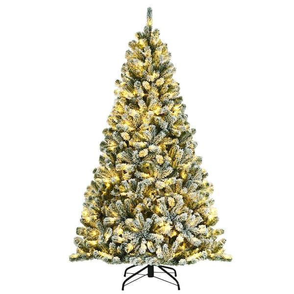 6 ft. Pre-Lit Snow Flocked Hinged Artificial Christmas Tree with 928 Tips and Metal Stand