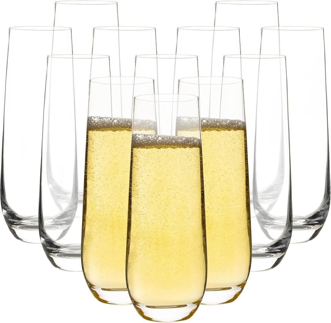 Stemless Champagne Flutes Set of 12, 10 oz Modern Clear Glasses for Champagne, Mimosas, Prosecco and Cocktails, Durable and Dishwasher Safe, Ideal for Weddings, Parties and Home (12 PCS)