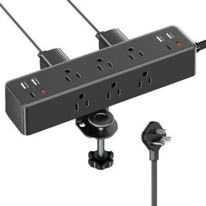 Flat Plug Desk Clamp Power Strip 15FT, 40W Total Fast Charging Station, Dual PD 20W USB C Ports, Desk Edge Mount Power Strip 9 AC Outlets 8 USB Ports(4 USB C) Surge Protector, Fit 1.7" Tabletop Edge