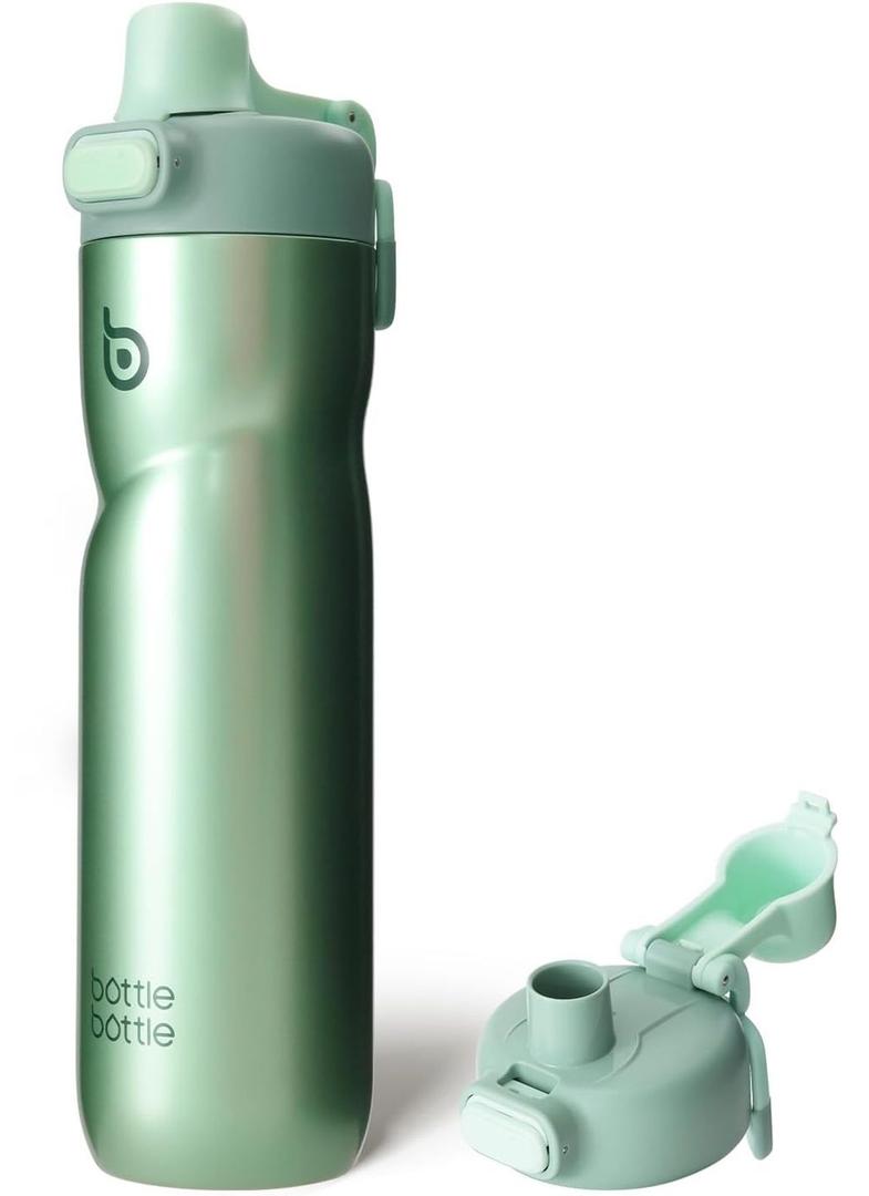 BOTTLE BOTTLE Insulated Water Bottle 24 oz with Handle and Flip Tops Lids Stainless Steel Water Bottle Push Button Lid Leak proof Portable for Running Travel Sports Hiking green