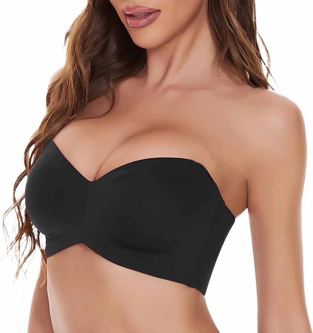 Woobilly Strapless Bra, Non-Slip Convertible Full Support Push Up Bras, Non Padded Side Smoothing Bra Bandeau (Black, M)